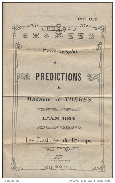 GUERRE 14/18  - Texte Des Prédictions De Mme THEBES  -  L´An 1914  -  Les Destinées De L´Europe - - Autres & Non Classés