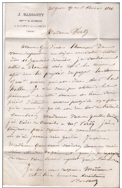 10 Nogent Sur Seine- Lettre De 1866 Pour Bar Sur Seine. Complete (voir Scan) Tb état. J Barsanty, Ent.de Batiments. - 1849-1876: Période Classique