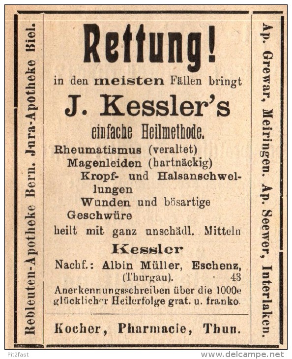 Original Werbung - 1911 - Rettung , A. Müller In Eschenz B. Frauenfeld Und Kocher In Thun , Arzt , Heilung !!! - Eschenz