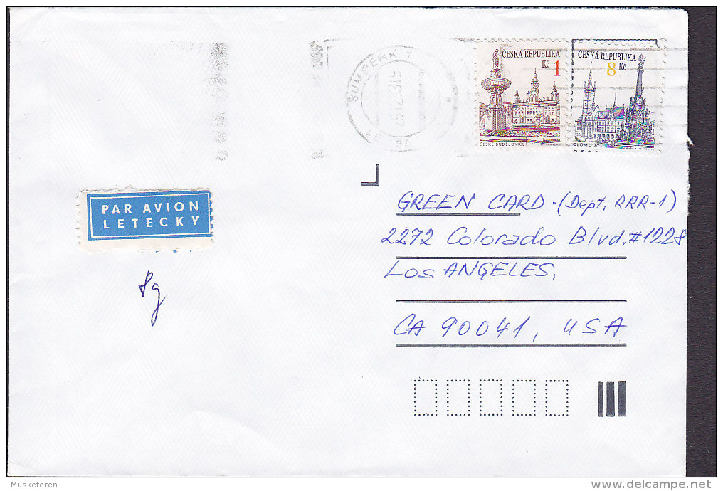 Czech Republic PAR AVION Letecky Label SUMPERK 1993 Cover Brief LOS ANGELES United States Budejovice Olomouc Stamps - Briefe U. Dokumente