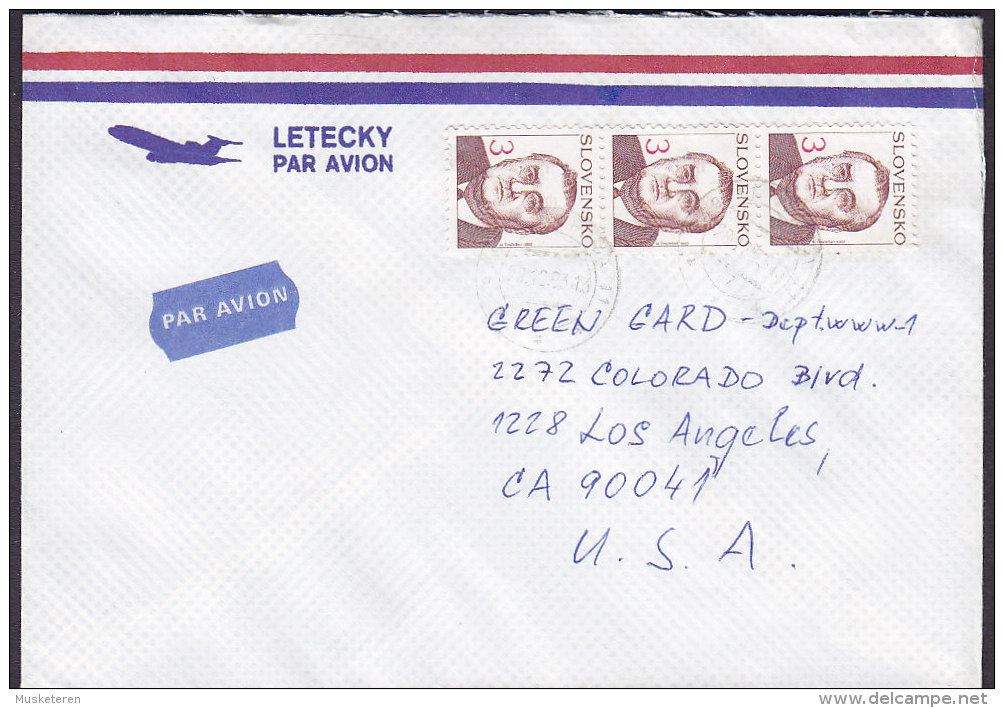 Slovensko PAR AVION Label 1993 Cover Brief LOS ANGELES United States Michal Kovac 3-Stripe - Brieven En Documenten