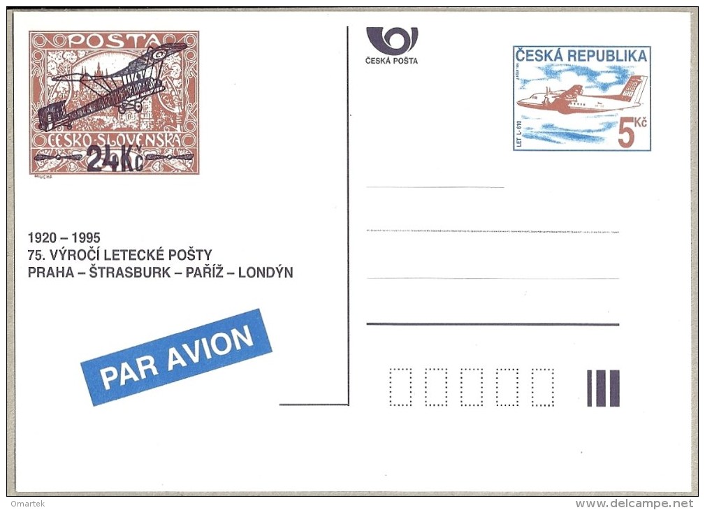 Tschechische Republik Czech Republic 1995 MNH POSTAL CARD 75th Anniversary Of Air Mail Praha-Strasbourg - Paris – London - Unused Stamps