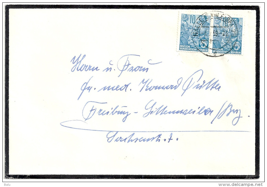 Deutschland DDR 1955 Michel 453 X2 Gestempelt Auf Trauerbriefumschlag Von Halle/Saale Nach Freiburg - Briefe U. Dokumente