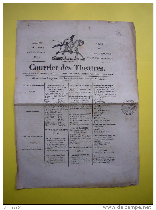 Courrier Des Théatres Paris 1840 Avec Timbre Royal Illustration Cheval - Publicités