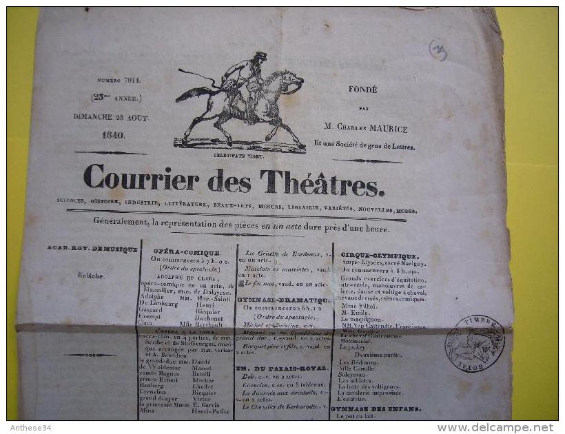 Courrier Des Théatres Paris 1840 Avec Timbre Royal Illustration Cheval - Publicités