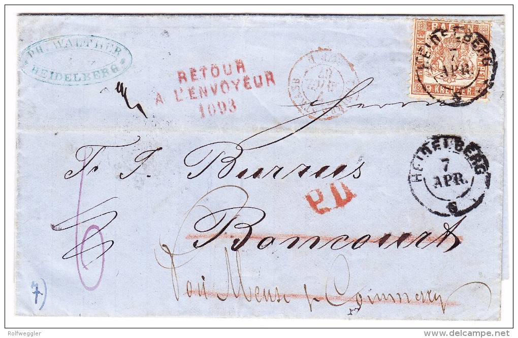 Baden 7.4.1867 Heidelberg Mit Mi.#20 Auf Brief über F Nach Boncourt CH Retour Gesendet Signiert Flemming BPP - Storia Postale