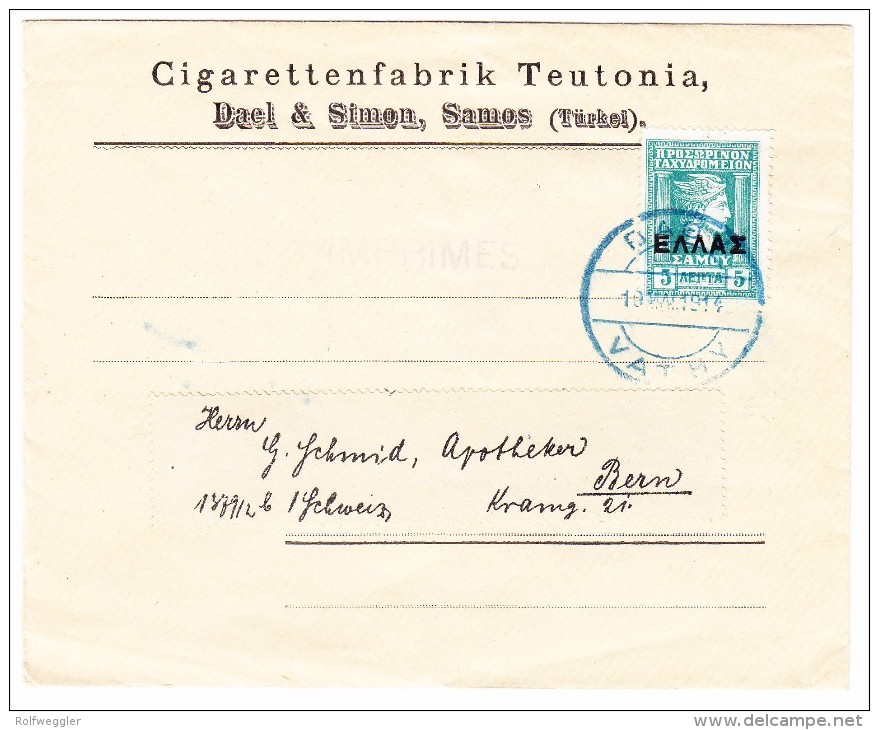 Griechenland 19.5.1914 Vathy Blau Mit 5Lepta Grün Auf Cigarettenfabrik Teutonia Brief Als Drucksache Gesendet - Lettres & Documents