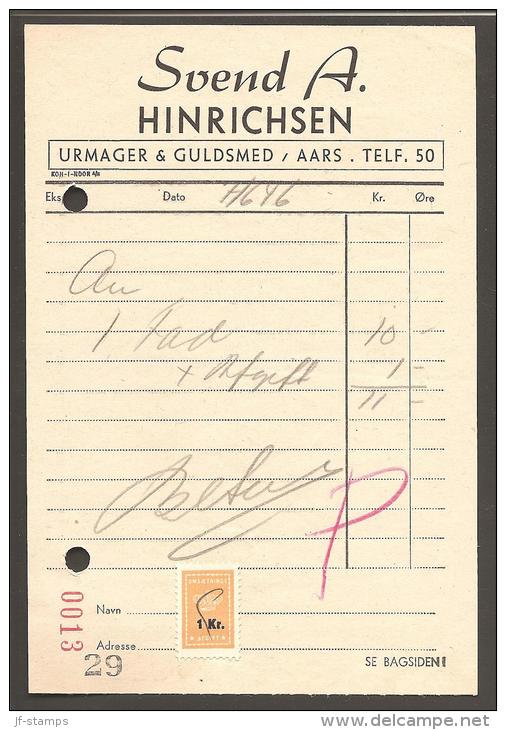 1946. OMSÆTNINGSAFGIFT 1 Kr. Yellow On Bill From Watchmaker & Goldsmith AARS 7/6 46. (Michel: ) - JF170342 - Fiscali