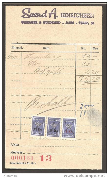 1946. OMSÆTNINGSAFGIFT 2 X 10 øre And 2 Kr.  In Blue On  Bill From Watchmaker & Goldsmi... (Michel: ) - JF170343 - Fiscali