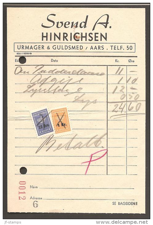 1945. OMSÆTNINGSAFGIFT 10 øre In Blue And 1 Kr. Yellow On Bill From Watchmaker & Goldsm... (Michel: ) - JF170341 - Fiscali