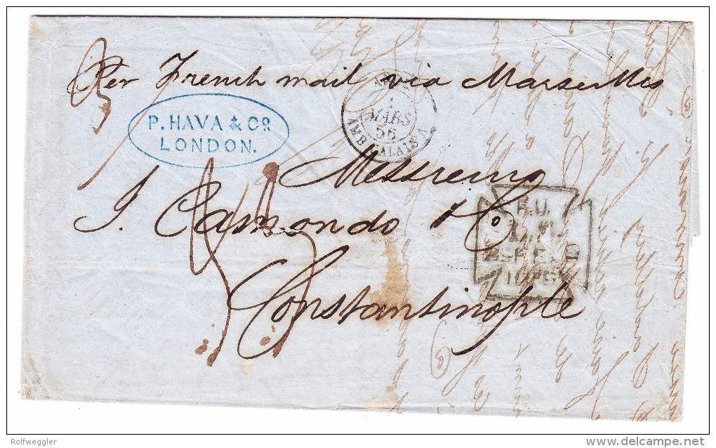 Grossbritannien Brief Mit Kreuzstempel "F.U.L.S. FE.29.1856" London Nach Constantinopel Transit Und Ak-Stempel - ...-1840 Prephilately