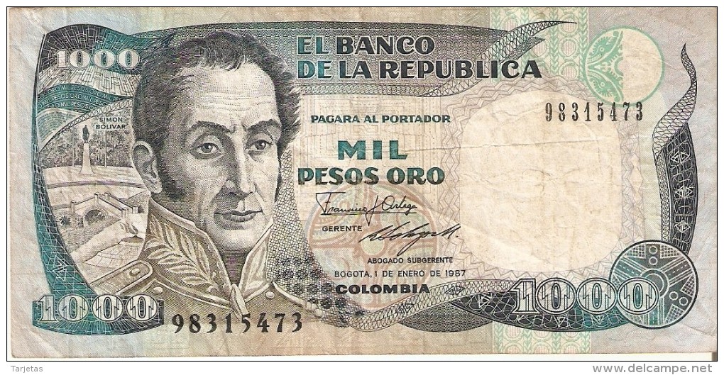 BILLETE DE COLOMBIA DE 1000 PESOS DEL AÑO 1987  (BANKNOTE) - Colombie