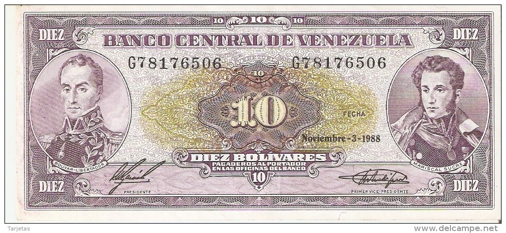 BILLETE DE VENEZUELA DE 10 BOLIVARES DEL AÑO 1988  (BANK NOTE) - Venezuela