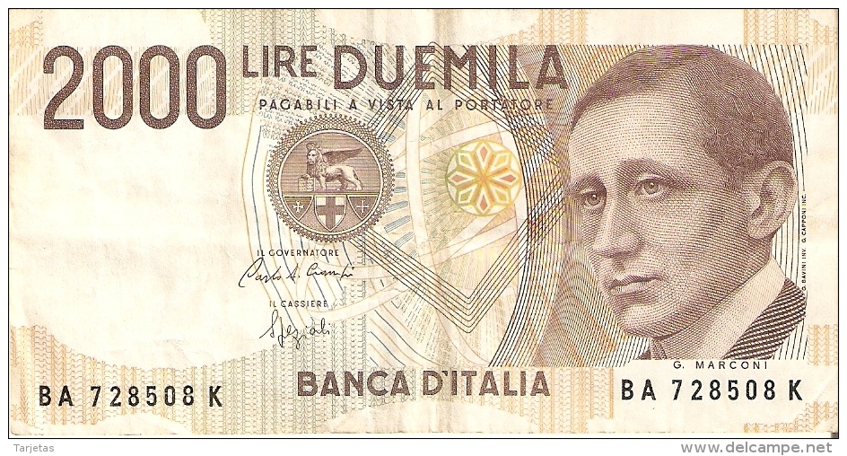 BILLETE DE ITALIA DE 2000 LIRAS DEL AÑO 1990  MARCONI  (BANKNOTE) - 2.000 Lire