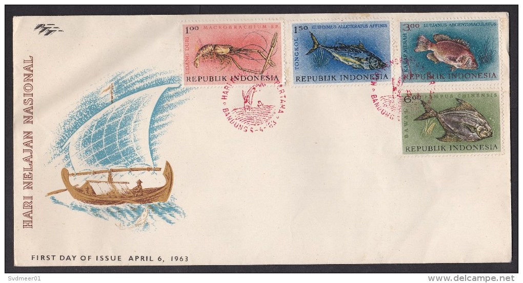 Indonesia: FDC First Day Cover, 1963, 4 Stamps, Sea Life, Fish, Fishes, Animal (minor Crease & Discolouring) - Indonesia