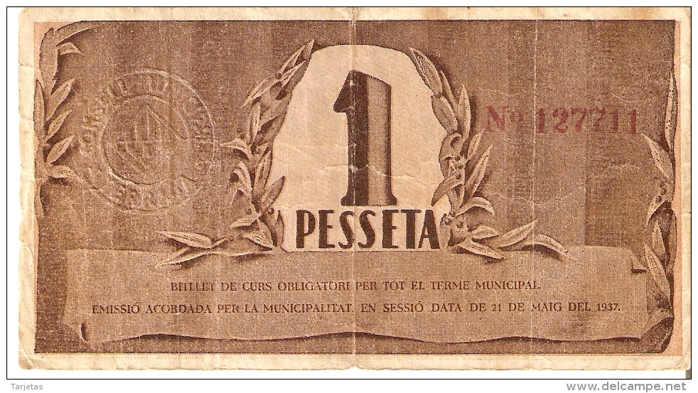 BILLETE DE 1 PTA DEL CONSELL MUNICIPAL DE TERRASSA  (SELLO SECO) DEL AÑO 1937 (BANKNOTE) - 1-2 Pesetas