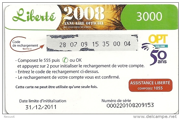 New Caledonia - Liberte - Annuaire 2008 Officiel - 3000CFP Remote, Exp.31.12.2011, Used - New Caledonia