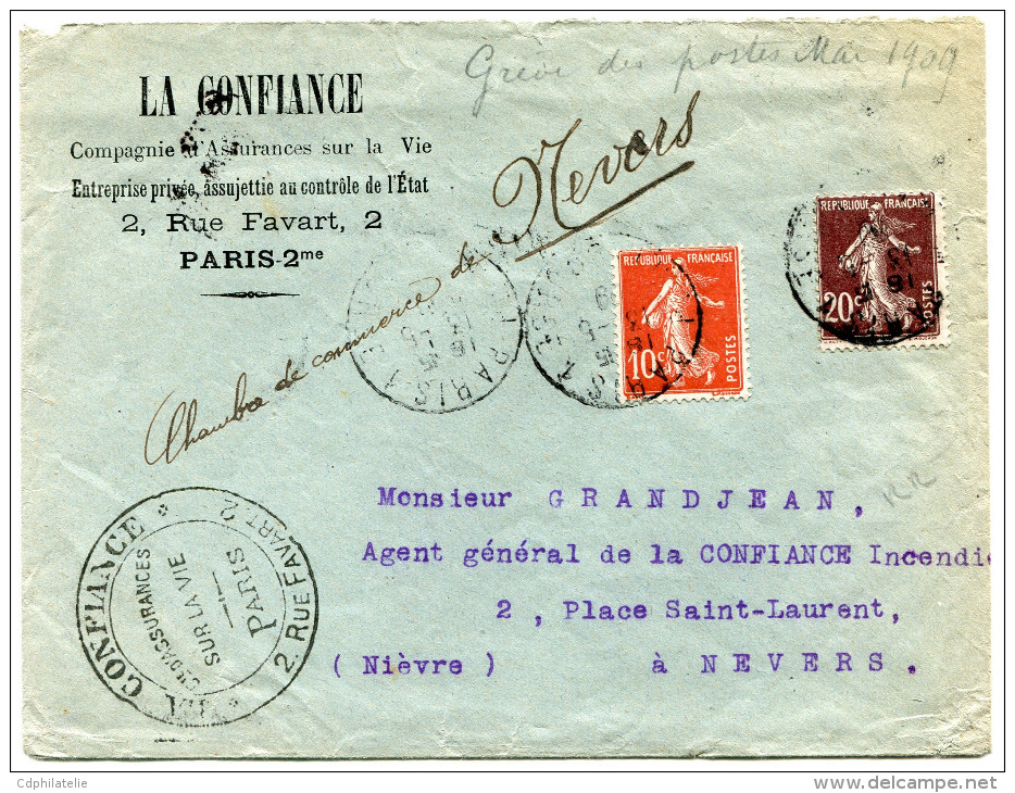 FRANCE ENVELOPPE COMMERCIALE  GREVE DES POSTES MAI 1909 (PARIS / NEVERS) RR - Documents