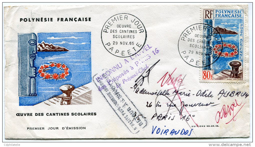 POLYNESIE ENVELOPPE 1er JOUR DEPART PAPEETE 29 NOV. 65 POUR PARIS REEXPEDIEE DANS LES VOSGES PUIS RETOURNEE A .......... - Covers & Documents