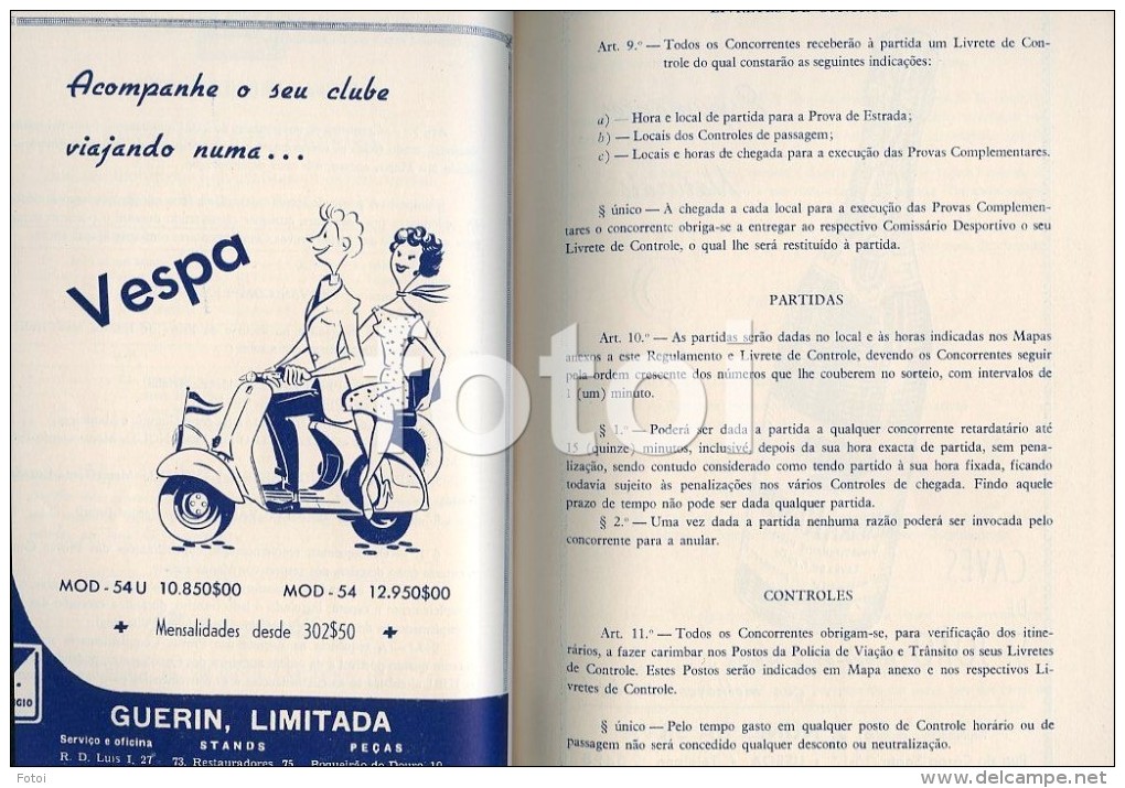 1954 REGULAMENTO VOLTA PORTUGAL AUTOMOVEL CARS COMPETITION REGULATION RACING RALLYE RALLY PORSCHE VESPA FULDAMOBIL  AD - Cultura