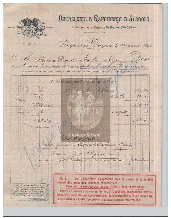 Document Du 29/01/1898 COURONNE Distillerie Raffinerie D´alcools - Fargniers Par Tergnier - 02 Aisne - 1800 – 1899