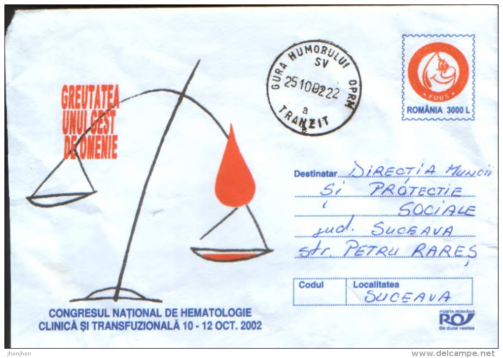 Romania - Postal Stationery Cover 2002 Used - National Congress Of Clinical Hematology And Transfusion - First Aid