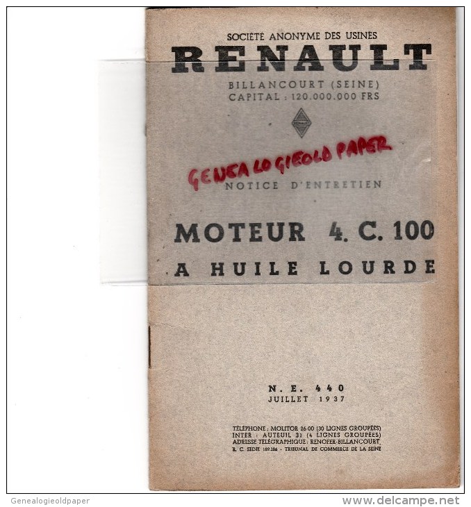 RENAULT - BILLANCOURT- NOTICE ENTRETIEN MOTEUR 4.C. 100 A HUILE LOURDE - CAMION - JUILLET 1937 - RARE - LKW