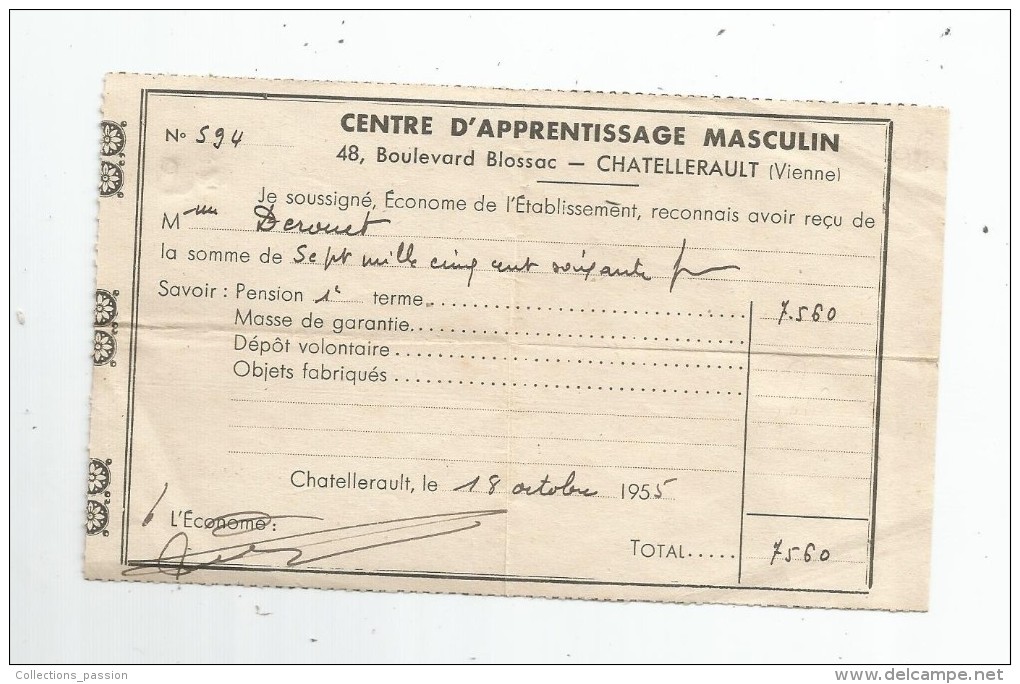 Reçu , Centre D'apprentissage Masculin , CHATELLERAULT , 1955 - Autres & Non Classés