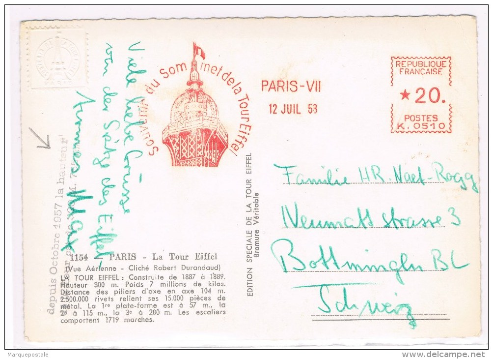 T7. EMA K0510. Souvenir Du Sommet De La Tour Eiffel Paris 12 Juil 58. CP De La Tour - EMA (Empreintes Machines à Affranchir)