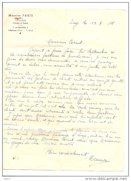 Lettre à Entête - Maurice PARIS, Tailleur à Liège - 1948 - 1900 – 1949