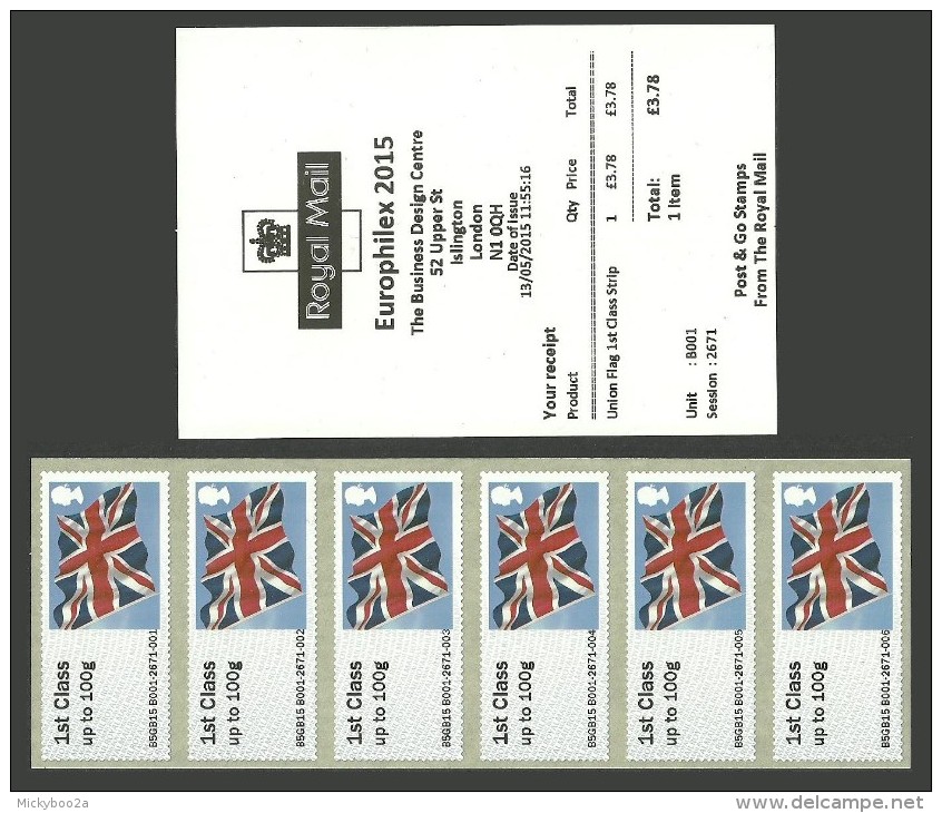 GB 2015 POST & GO ATM EUROPHILEX UNION FLAG 1ST CLASS STRIP B001 MNH - Ongebruikt