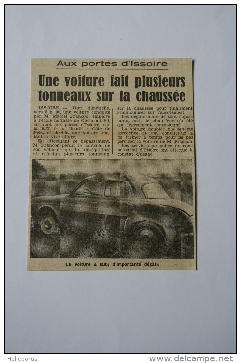 Coupure De Presse 1962 Accident Automobile RENAULT Dauphine Issoire - Historische Documenten