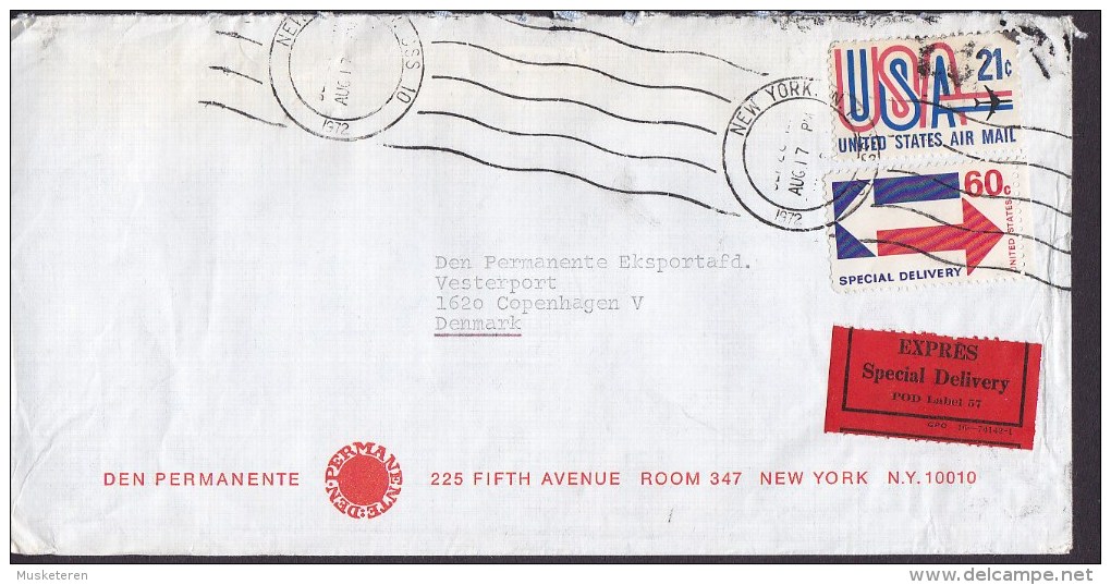 United States DEN PERMANENTE Airmail & EXPRES Special Delivery Label NEW YORK 1972 Cover Lettre Denmark (2 Scans) - Special Delivery, Registration & Certified