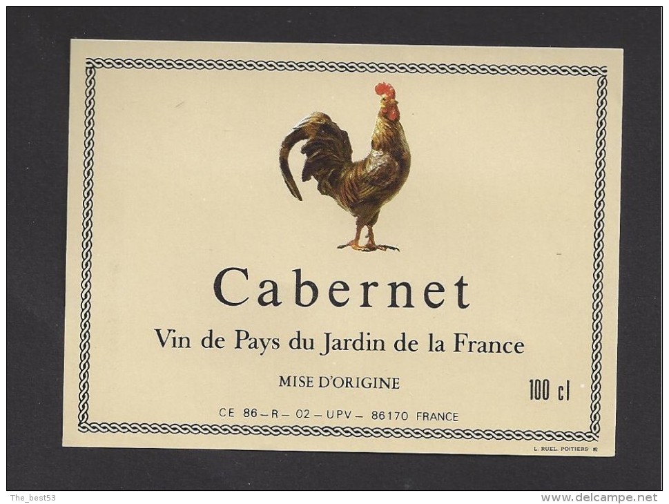 Etiquette De Vin De Pays Du Jardin De La France - Cabernet  100 Cl -  Thème Oiseaux, Coq - UPV à 86170 - Hähne