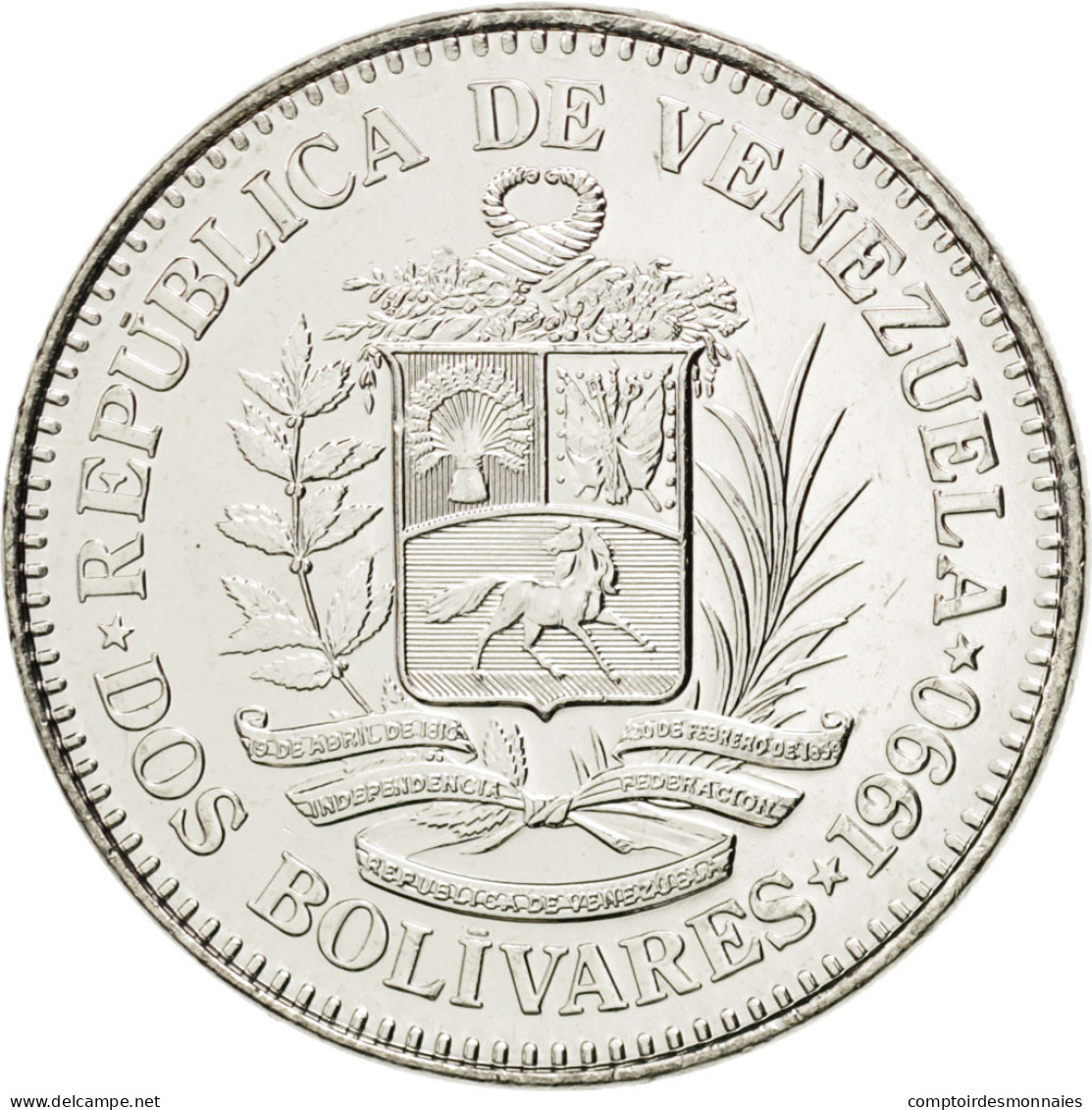 Monnaie, Venezuela, 2 Bolivares, 1990, SPL, Nickel Clad Steel, KM:43a.1 - Venezuela