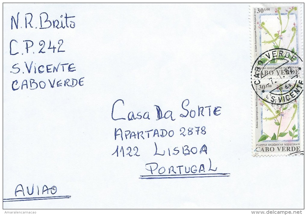 TIMBRES - STAMPS - LETTRE PAR AVION POUR PORTUGAL - CAPE VERDE / CAP VERT - PLANTE - Echium HypertropicumWebb - Cap Vert