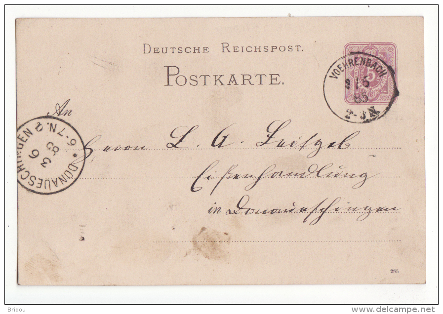 Allemagne   Carte Avec Entier Postal   Cachet De VOEHRENBACH  1885    Baden Württemberg - Autres & Non Classés