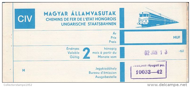 2020FM- BUDAPEST-ORADEA RAILWAY TRANSPORTATION TICKET, TRAIN, 1992, HUNGARY - Europe