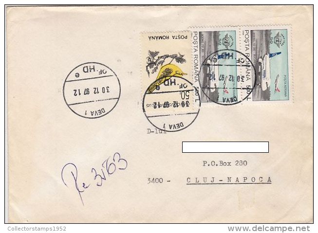 19640- PLANE, ORIOLE BIRD, STAMPS ON REGISTERED COVER, 1997, ROMANIA - Lettres & Documents