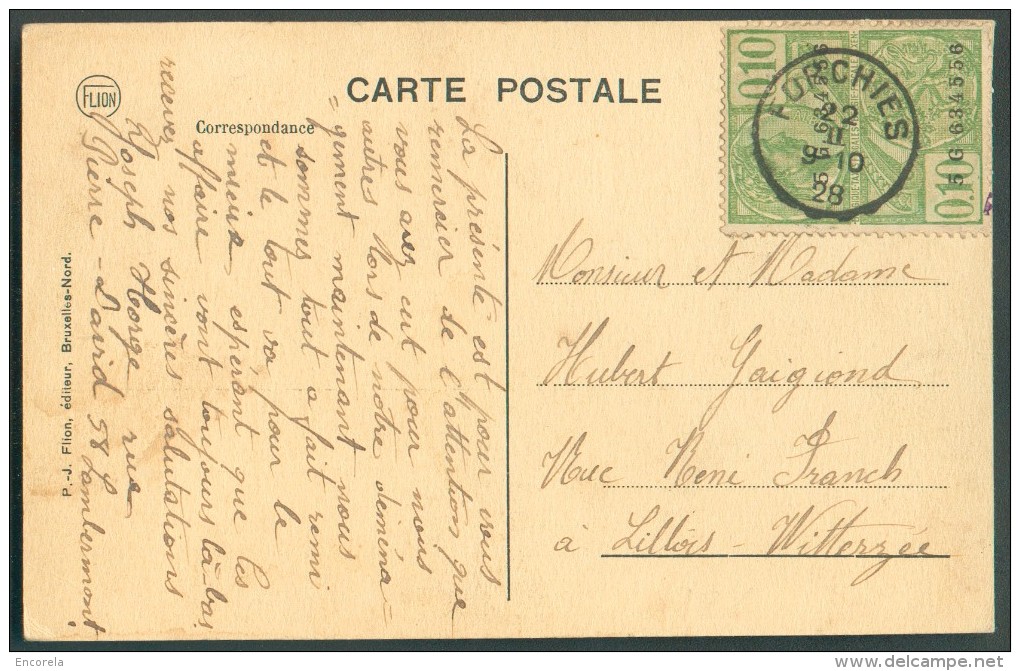 RARE  - Timbre Fiscal De 2x10 Centimes Utilisé Comme Valeur Postale, Obl. Sc FORCHIES S/C.P. Du 22-II-1928 Vers Lillois- - Documents