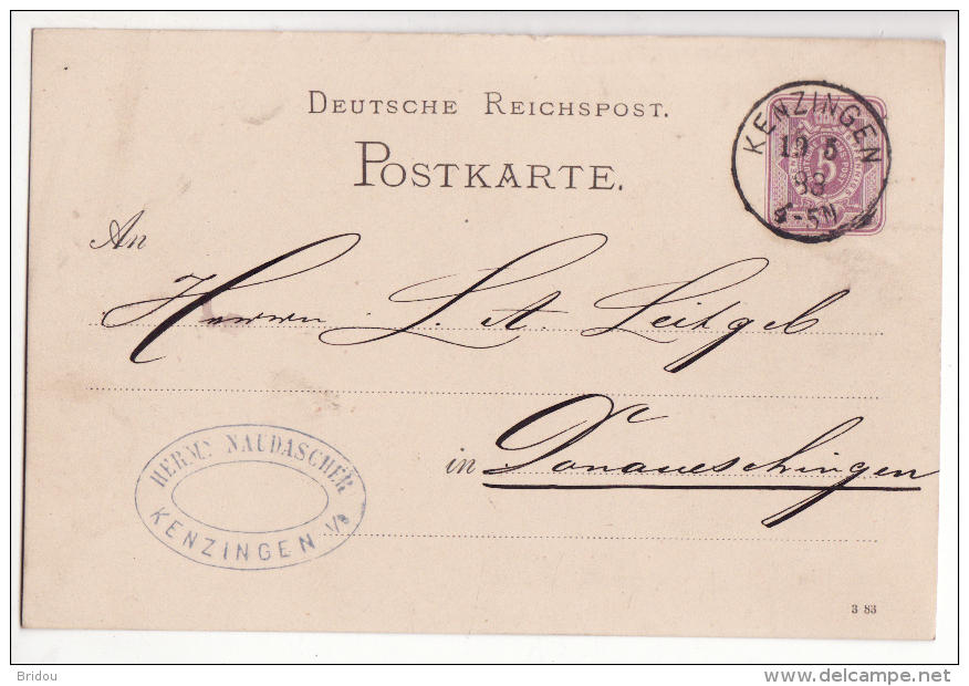 Allemagne   Carte Avec Entier Postal   Cachet De KENZINGEN  1888    Baden Württemberg - Autres & Non Classés