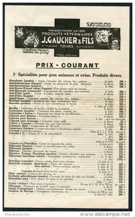 Gaucher &amp; Fils, Tours, France Prix Courant Animaux Et Ovins Dog Horse Cow Chicken Vaccins Veterinaires Price List - Advertising