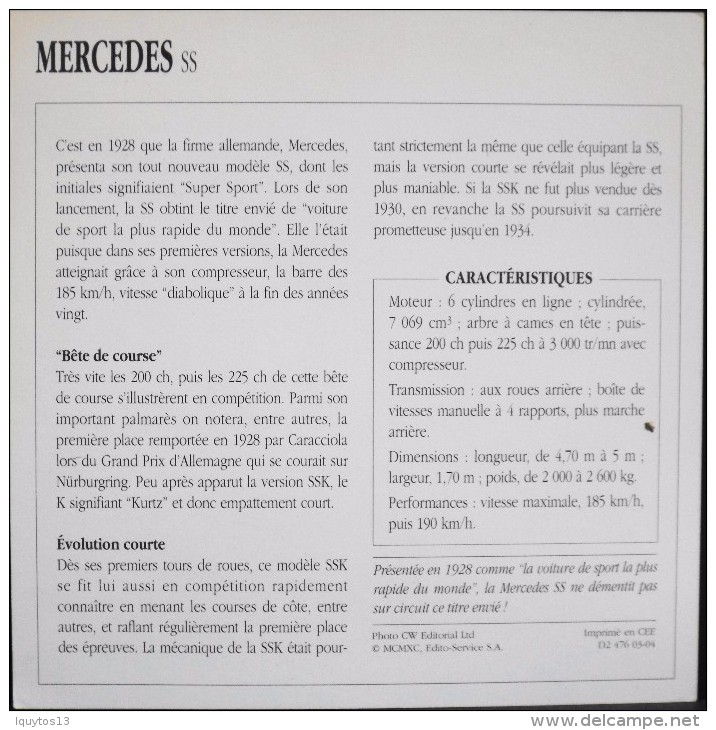 FICHE TECHNIQUE ILLUSTREE De VOITURE AUTOMOBILE ANCIENNE - MERCEDES SS De 1928 - Parfait Etat - - Cars