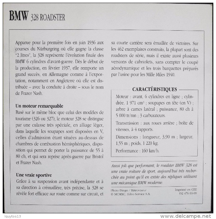 FICHE TECHNIQUE ILLUSTREE De VOITURE AUTOMOBILE ANCIENNE - MERCEDES 328 ROADSTER De 1936 - Parfait Etat - - Auto's