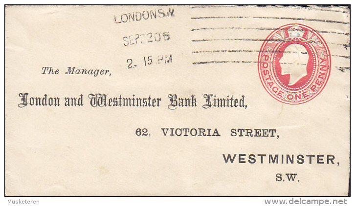 Great Britain Postal Stationery Ganzsache Entier Edward VII. PRIVATE Print LONDON & WESTMINSTER BANK Ltd. 1906 (2 Scans) - Stamped Stationery, Airletters & Aerogrammes