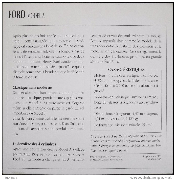 FICHE TECHNIQUE ILLUSTREE De VOITURE AUTOMOBILE ANCIENNE - FORD MODEL A De 1930 - Parfait Etat - - Auto's