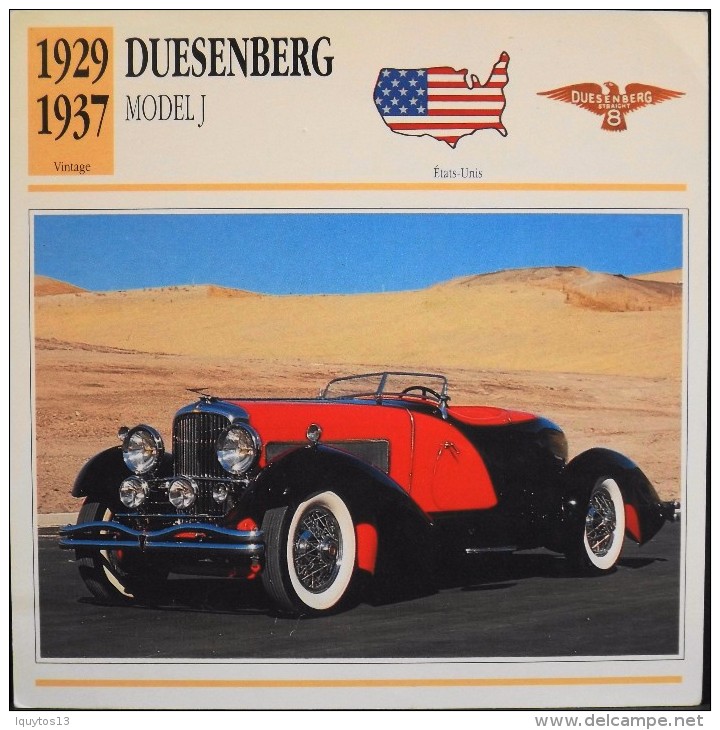 FICHE TECHNIQUE ILLUSTREE De VOITURE AUTOMOBILE ANCIENNE - DUESENBERG MODEL J De 1928 - Parfait Etat - - Cars