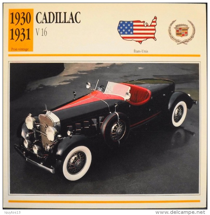 FICHE TECHNIQUE ILLUSTREE De VOITURE AUTOMOBILE ANCIENNE - CADILLAC V 16 De 1931 - Parfait Etat - - Automobili