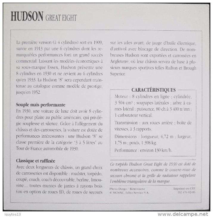 FICHE TECHNIQUE ILLUSTREE De VOITURE AUTOMOBILE ANCIENNE - HUDSON GREAT EIGHT De 1930 - Parfait Etat - - Auto's