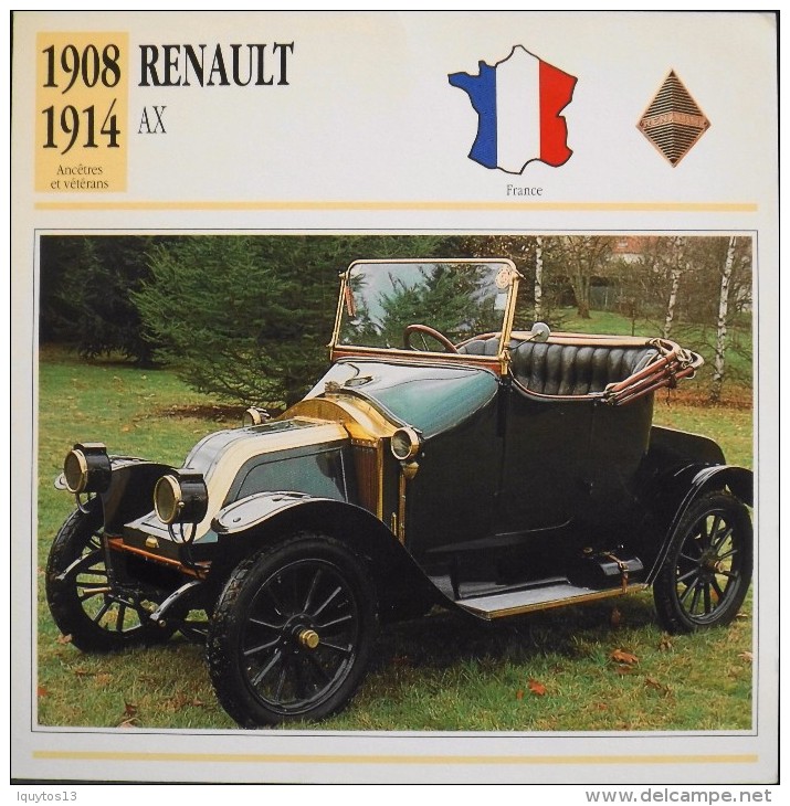 FICHE TECHNIQUE ILLUSTREE De VOITURE AUTOMOBILE ANCIENNE - RENAULT AX De 1908 - Parfait Etat - - Voitures